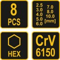 VOREL ZESTAW KLUCZY TRZPIENIOWYCH HEX Z RĘKOJEŚCIĄ 8SZT. 56649