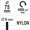 YATO SZCZOTKA TARCZOWA Z TRZPIENIEM 75MM NYLON YT-47782