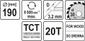 YATO PIŁA TARCZOWA TCT Z WĘGLIKIEM DO DREWNA 190X20TX30MM YT-60488