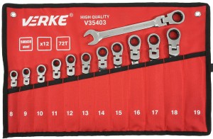 VERKE KLUCZE PŁASKO-OCZKOWE Z GRZECHOTKĄ I PRZEGUBEM 8-19MM 12SZT V35403
